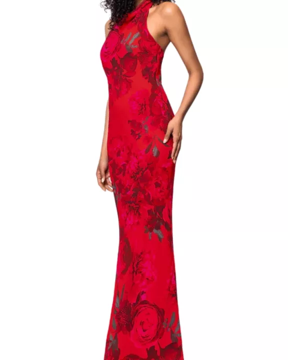 Betsy and Adam Floral Print Carly Halter Back Tie Neckline Sleeveless Backless Sheath Dress