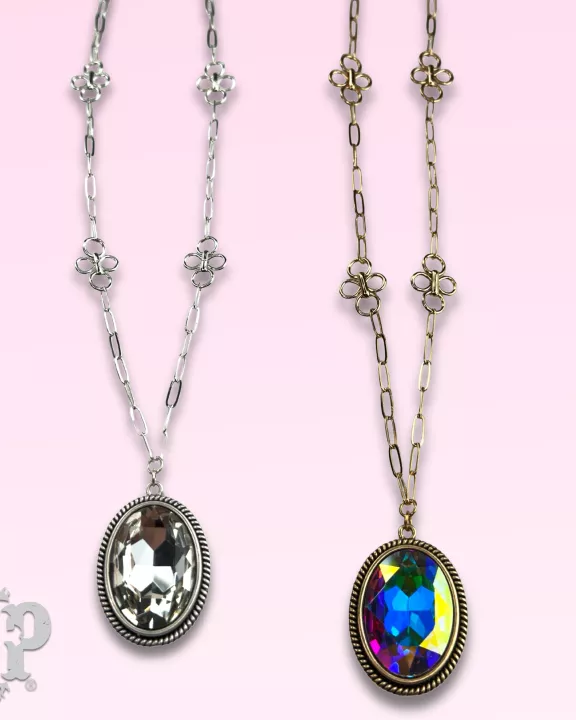 Large oval crystal pendant and flower chain necklace
