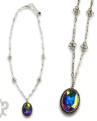Large oval crystal pendant and flower chain necklace