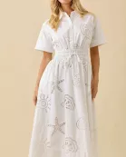 Seashell Embroidered Lace Midi Collar Summer Dress
