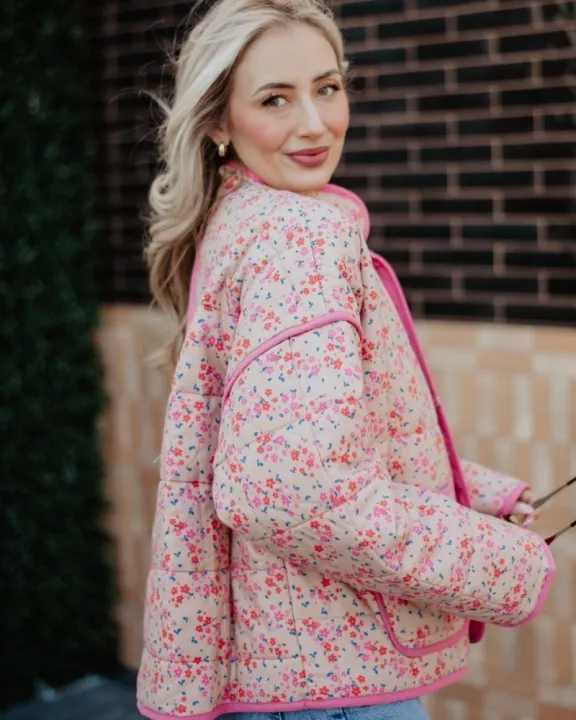 Pink Dainty Floral Women's Wholesale Quilted Jacket