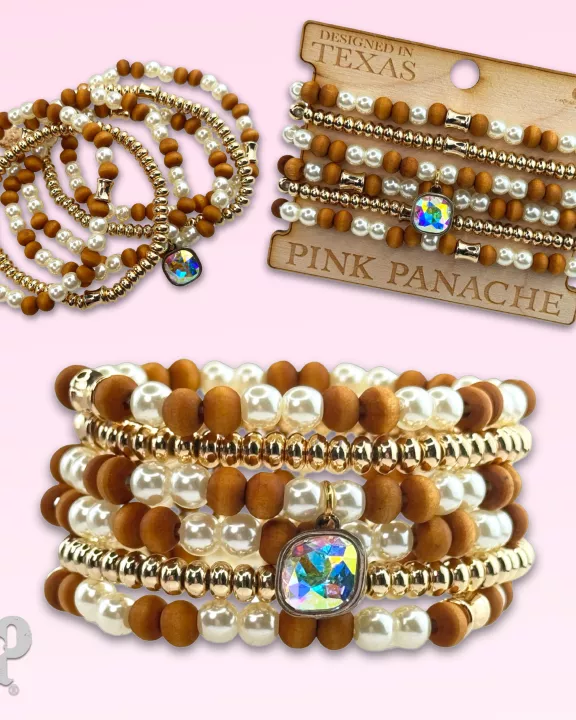 Wood and pearl bead bracelet with Austrian crystal