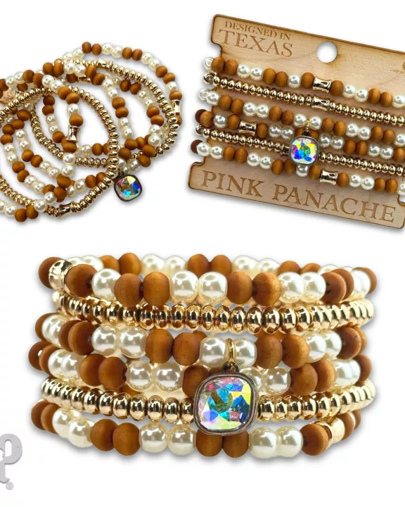 Wood and pearl bead bracelet with Austrian crystal