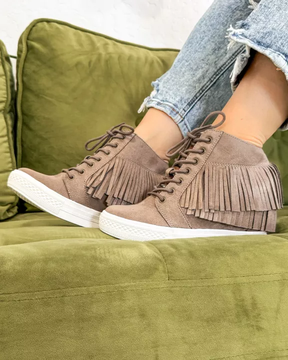 Nick Fringe Sneaker Wedge in Taupe