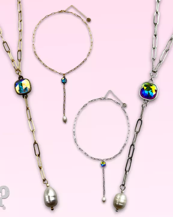 Pearl drop chain necklace with Austrian crystal