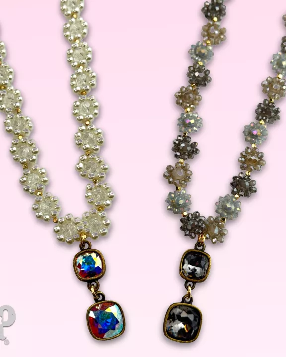 Bead woven flower necklace with Austrian crystal