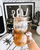 Fall Coffee Mugs, Glass Cups for Halloween and Autumn With Wood Lid + Reusable | Hocus Pocus