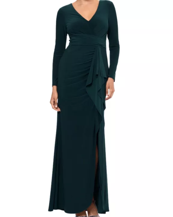 Betsy and Adam Elle Deep V-Neckline Long Sleeves High Ruffled Side Slit Gown Dress