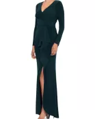 Betsy and Adam Elle Deep V-Neckline Long Sleeves High Ruffled Side Slit Gown Dress