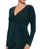 Betsy and Adam Elle Deep V-Neckline Long Sleeves High Ruffled Side Slit Gown Dress