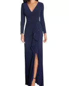 Betsy and Adam Elle Deep V-Neckline Long Sleeves High Ruffled Side Slit Gown Dress