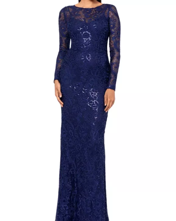 Betsy and Adam Cecelia Bateau Neckline Long Sleeves Intricate Lace Overlay Back Zipper Closure Modern Fit Gown Dress