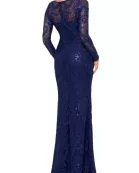 Betsy and Adam Cecelia Bateau Neckline Long Sleeves Intricate Lace Overlay Back Zipper Closure Modern Fit Gown Dress