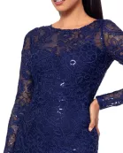 Betsy and Adam Cecelia Bateau Neckline Long Sleeves Intricate Lace Overlay Back Zipper Closure Modern Fit Gown Dress