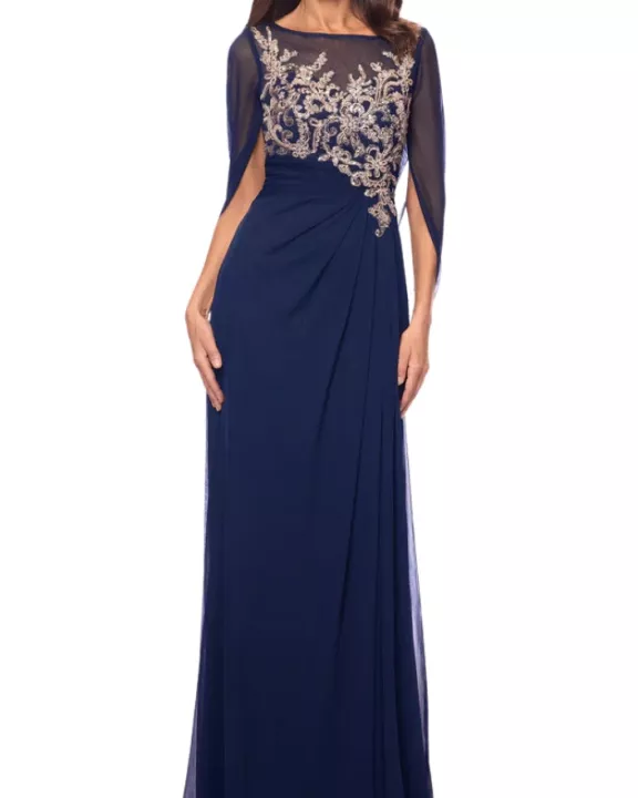 Betsy and Adam Willa Boat Neck Sheer Cape Sleeves Embroidered Embellished Bodice Back Zipper Fit Draped Skirt Dress
