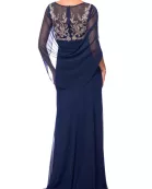 Betsy and Adam Willa Boat Neck Sheer Cape Sleeves Embroidered Embellished Bodice Back Zipper Fit Draped Skirt Dress