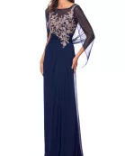 Betsy and Adam Willa Boat Neck Sheer Cape Sleeves Embroidered Embellished Bodice Back Zipper Fit Draped Skirt Dress