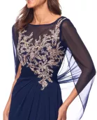 Betsy and Adam Willa Boat Neck Sheer Cape Sleeves Embroidered Embellished Bodice Back Zipper Fit Draped Skirt Dress