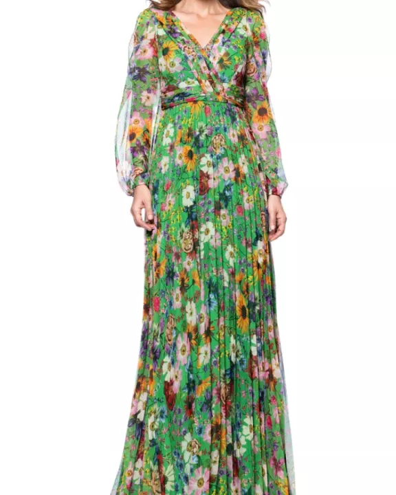 Betsy and Adam Chiffon Floral Print Katarina V-Neck Long Sheer Sleeves Wrap-Style Bodice Pleated Skirt Dress