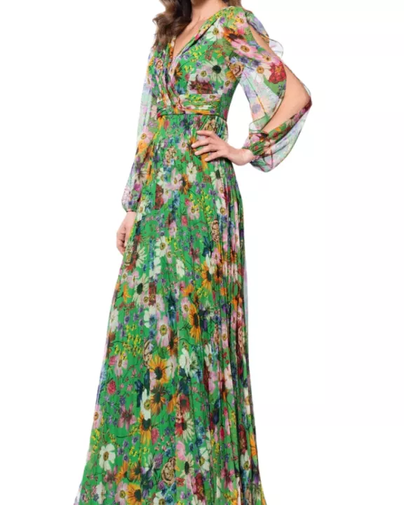 Betsy and Adam Chiffon Floral Print Katarina V-Neck Long Sheer Sleeves Wrap-Style Bodice Pleated Skirt Dress