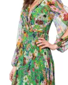 Betsy and Adam Chiffon Floral Print Katarina V-Neck Long Sheer Sleeves Wrap-Style Bodice Pleated Skirt Dress
