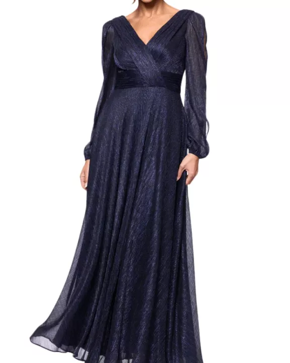 Betsy and Adam Cheryl Front Back V-Neckline Long Cutout Sheer Sleeves Wrap-Style Bodice Back Zipper Fit and Flare Dress