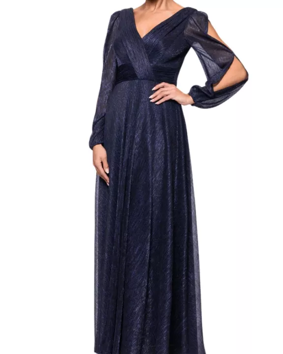 Betsy and Adam Cheryl Front Back V-Neckline Long Cutout Sheer Sleeves Wrap-Style Bodice Back Zipper Fit and Flare Dress