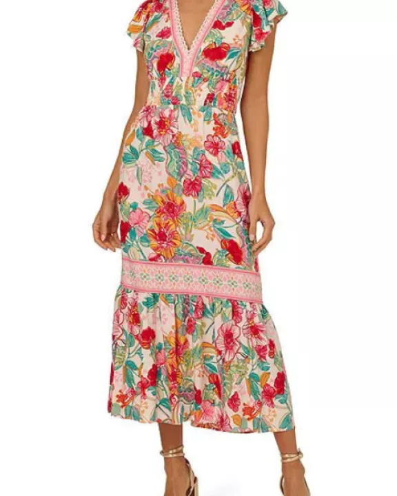 Adrianna Papell Floral V-Neckline Flutter Cap Short Sleeves Maxi Dress
