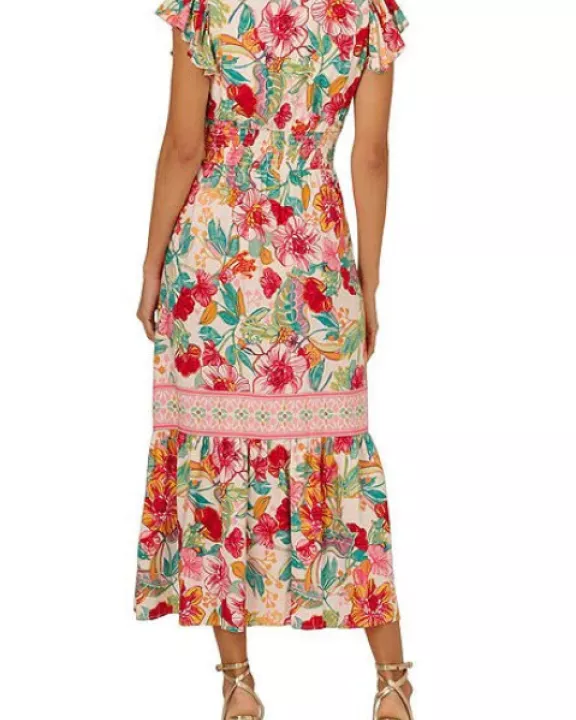 Adrianna Papell Floral V-Neckline Flutter Cap Short Sleeves Maxi Dress