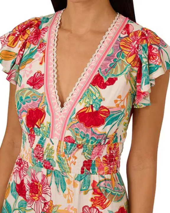 Adrianna Papell Floral V-Neckline Flutter Cap Short Sleeves Maxi Dress