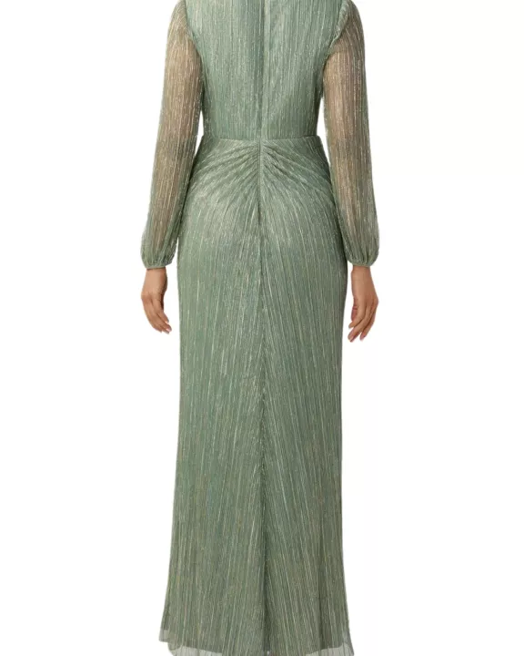 Adrianna Papell Metallic V-Neckline Long Sleeves Waist Twist Bodice Ruched Gown Dress