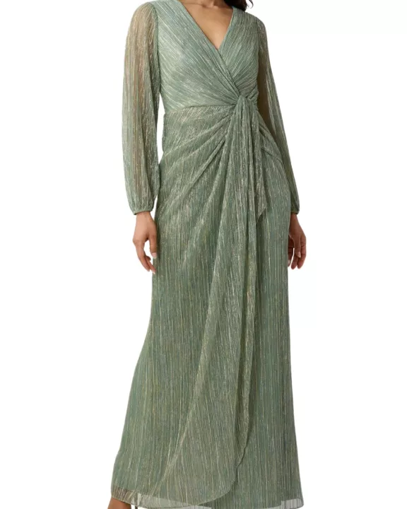 Adrianna Papell Metallic V-Neckline Long Sleeves Waist Twist Bodice Ruched Gown Dress