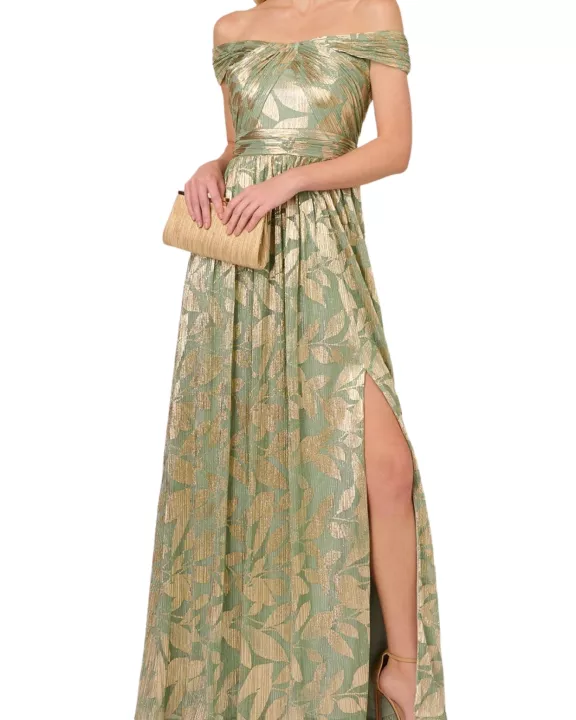 Adrianna Papell Leaf Print Off-The-Shoulder Sleeveless Back Zipper Closure Foiled Knit A-Line Gown Dress
