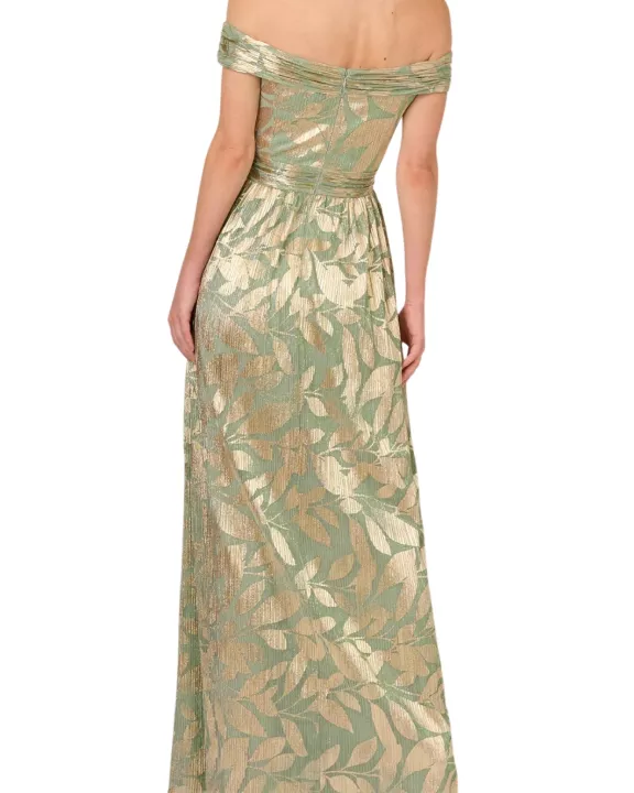 Adrianna Papell Leaf Print Off-The-Shoulder Sleeveless Back Zipper Closure Foiled Knit A-Line Gown Dress