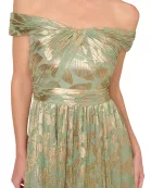 Adrianna Papell Leaf Print Off-The-Shoulder Sleeveless Back Zipper Closure Foiled Knit A-Line Gown Dress