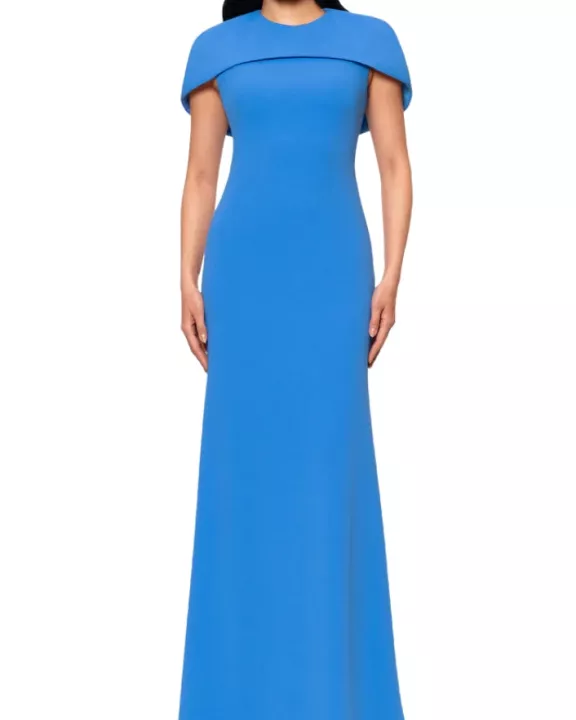 Betsy and Adam Shanice Cape Overlay Neckline Back Zipper Sheath Silhouette Floor Length Dress