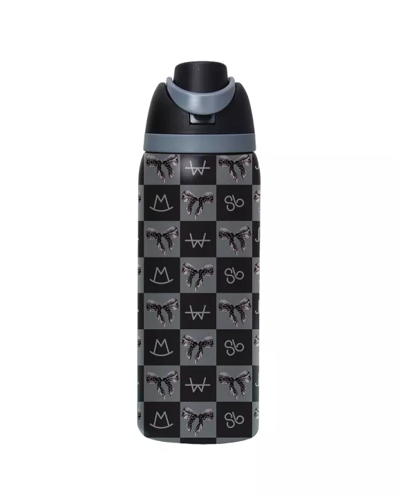 Bow Black Brand Checkerboard Stainless Steel Water Bottle
