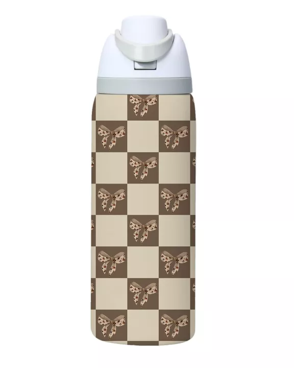 Beige Bow Checkerboard Stainless Steel Water Bottle
