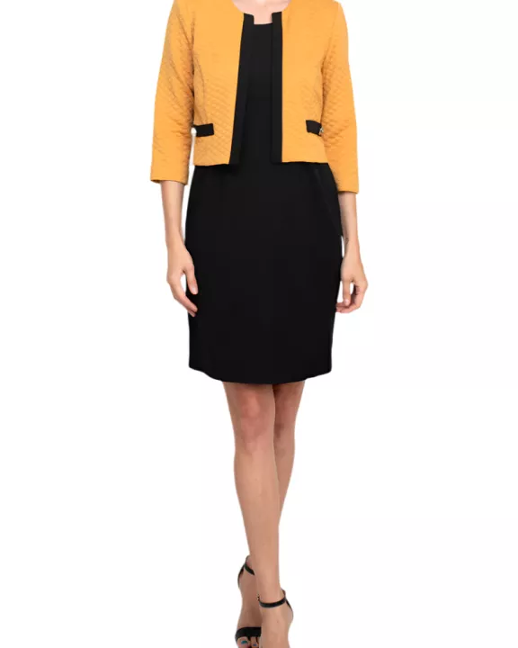 Studio One scoop neck sleeveless bodycon zipper back solid stretch crepe dress with 3/4 open front quilted jacket