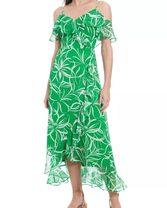 London Times Floral Ruffled Cold-Shoulder Wrap Spaghetti Thin Straps Tiered Hem Maxi Length