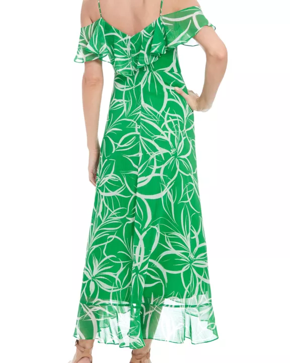 London Times Floral Ruffled Cold-Shoulder Wrap Spaghetti Thin Straps Tiered Hem Maxi Length