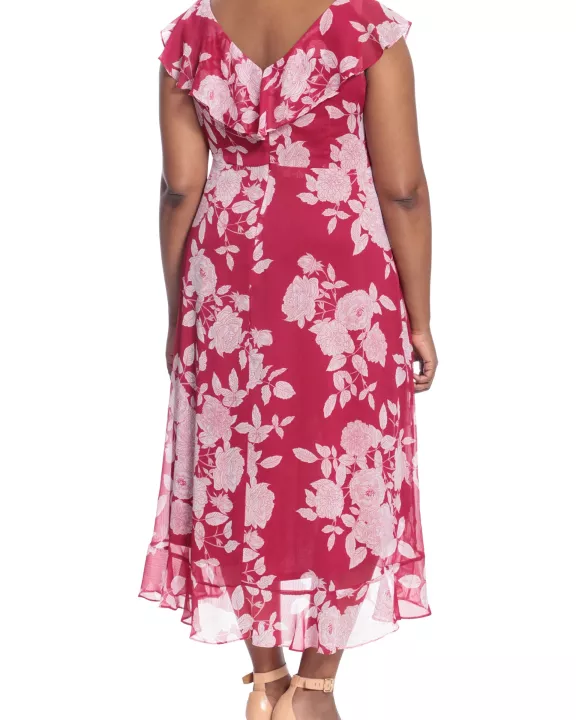 London Times Ruffled Wrap Bodice Short Sleeve Flowing Maxi Skirt Dress (Plus Size)