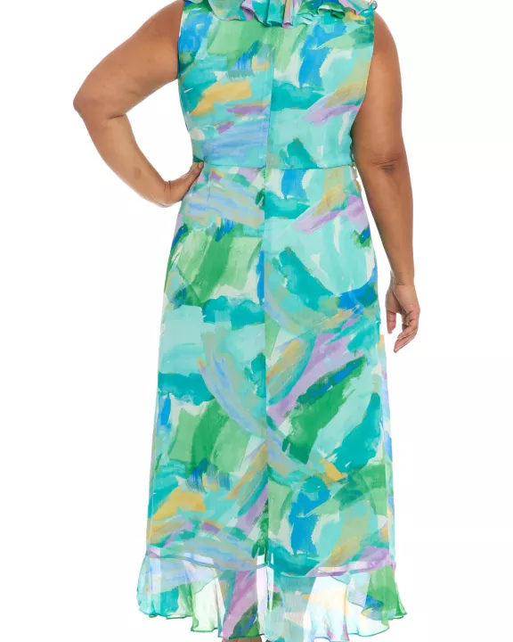 London Times Flattering V-Neckline Flowing Skirt Rosie Maxi Dress (Plus Size)
