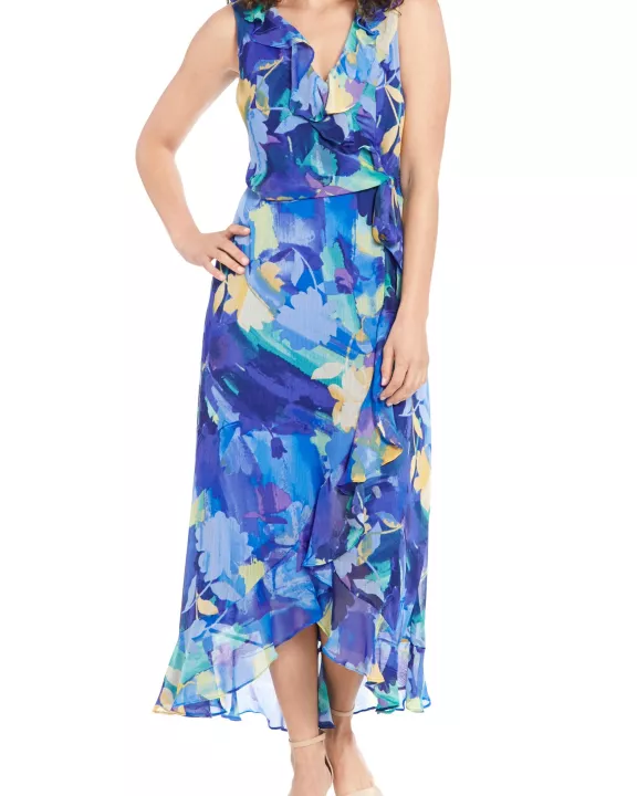 London Times Rosie Ruffled V-Neckline Back Zipper Closure Faux Wrap Maxi Dress