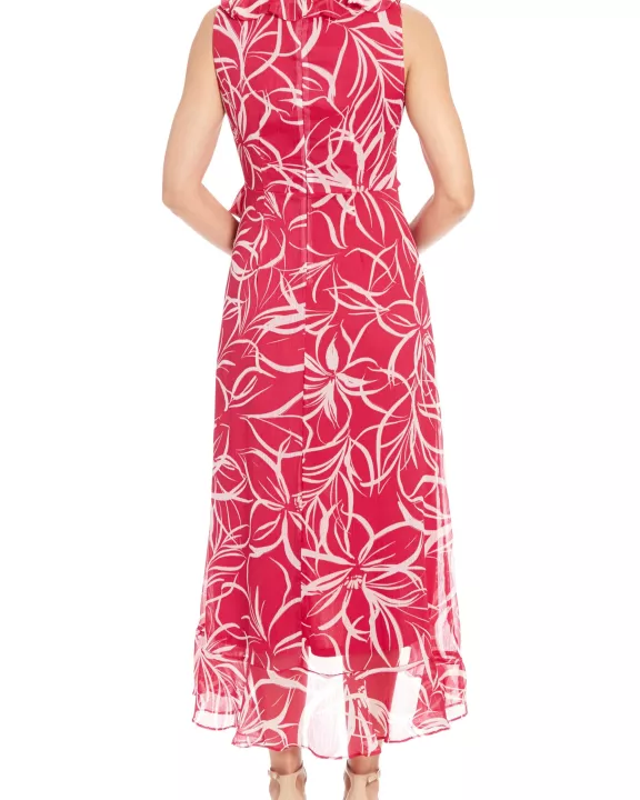 London Times Sleeveless V-Neckline Back Zipper Closure Side-Tie Wrap Silhouette Flared Skirt High-Low Hem Maxi Dress