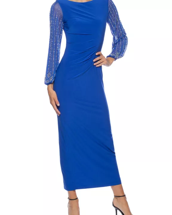 Marina Beaded Long Sleeves Elastic Cuffs Bateau Neckline Back Zip Closure Sheath Gown Dress (Plus Size)