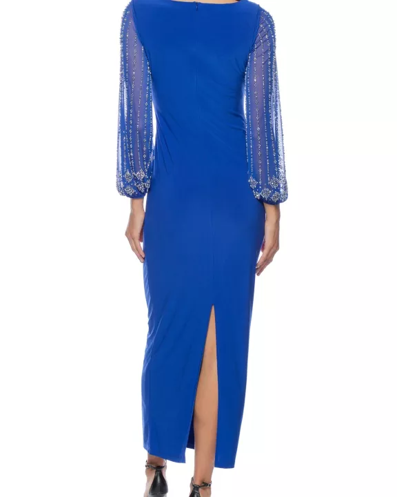 Marina Beaded Long Sleeves Elastic Cuffs Bateau Neckline Back Zip Closure Sheath Gown Dress (Plus Size)
