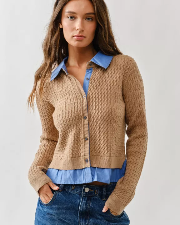 AJT5017 Cable Knit Mixed Media Cardigan
