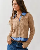 AJT5017 Cable Knit Mixed Media Cardigan