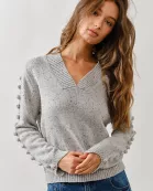 MAS2843 POMPOM SLEEVE V NECK SWEATER